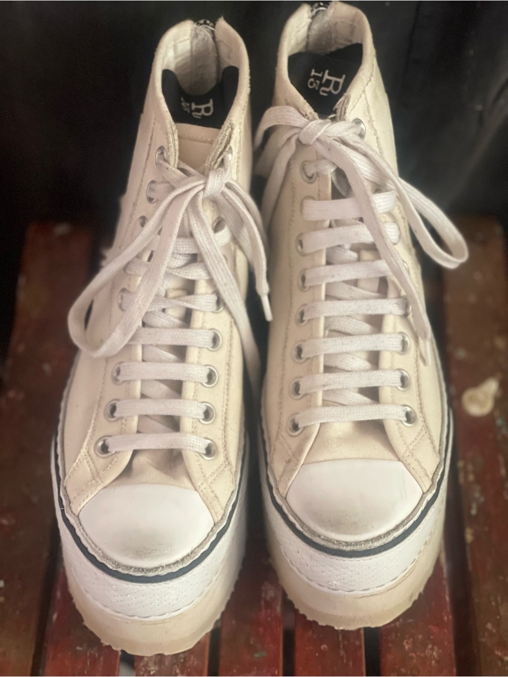R13 Courtney Platform High Top Sneakers Ecru Distressed - Picture 5 of 7